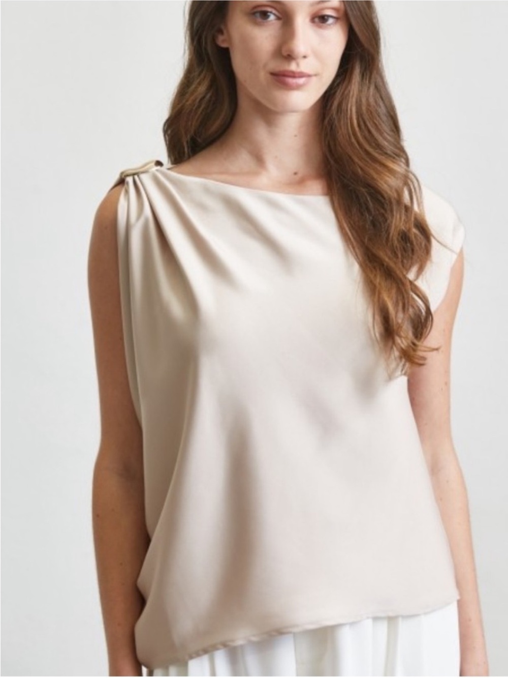 Sleeveless Draped Satin Shell Top in Soft Beige